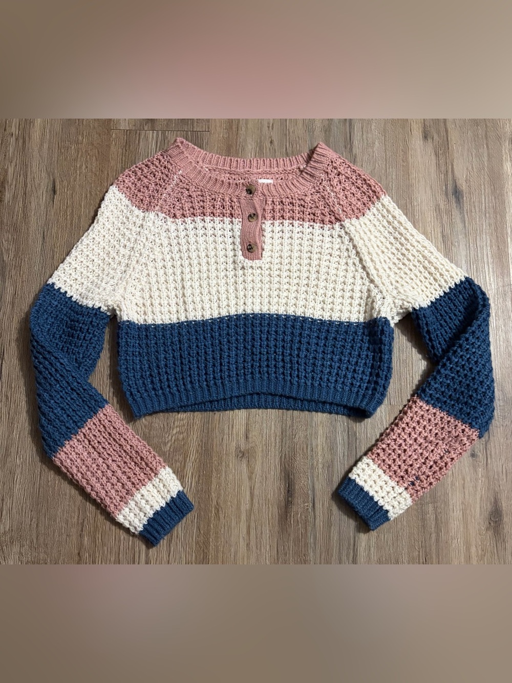 Aeropostale - Cropped Knit Sweater - Mauve, Cream & Blue - Small - XSmall